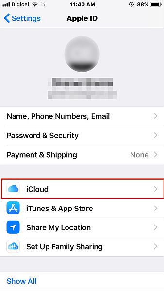 Apple ID-instellingen met de icloud-optie gemarkeerd