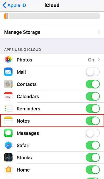 Ustawienia synchronizacji iCloud z zaznaczoną opcją Notatki