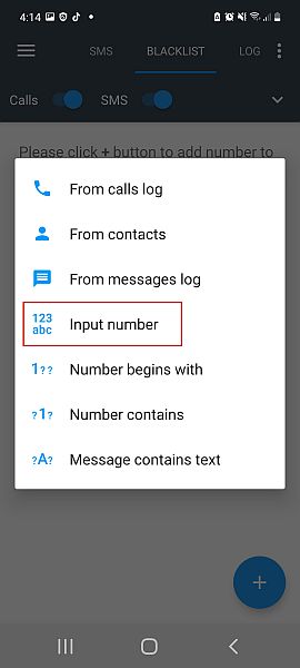 Calls blacklist pop up menu for adding phone number to blacklist