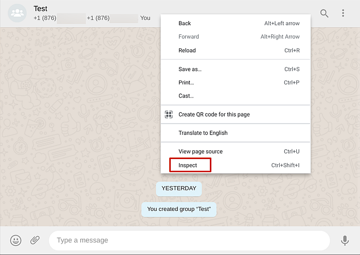 Opções do botão direito com a opção Inspecionar destacada