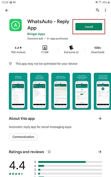 谷歌播放中的 Whatsappauto-reply 应用详细信息页面