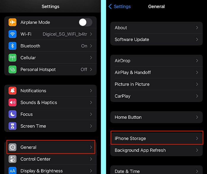 Acessando as configurações gerais e de armazenamento do iphone