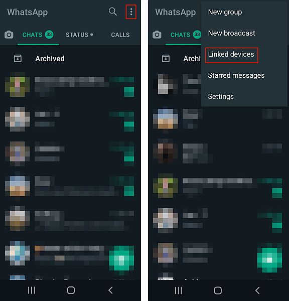 Accesso al menu a discesa nella sessione web mobile di whatsapp
