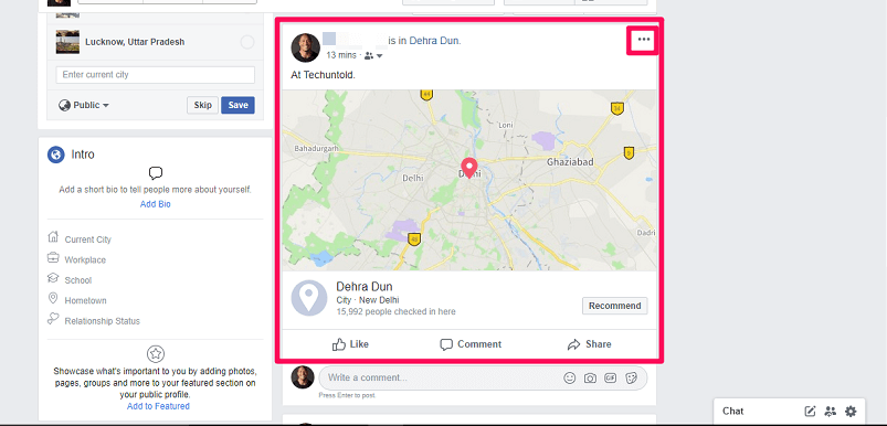 Standort gepinnter Beitrag auf Facebook