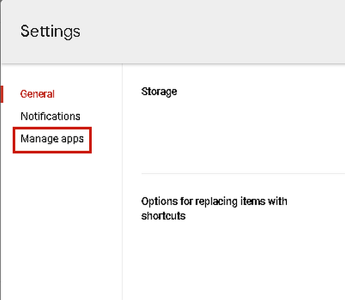 Configurações do Google Drive na área de trabalho com a opção gerenciar aplicativos destacada
