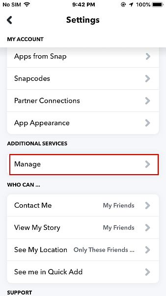 إعدادات Snapchat في iPhone مع تمييز علامة تبويب الإدارة