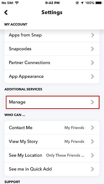 Impostazioni di Snapchat in iPhone con la scheda di gestione evidenziata