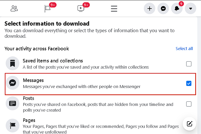 Auswählen von Facebook-Nachrichten zum Herunterladen von Informationen