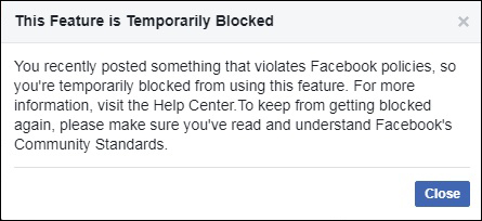 Notificación de Facebook para bloqueo temporal