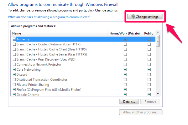 Permitir una aplicación a través del firewall Corrección atenuada