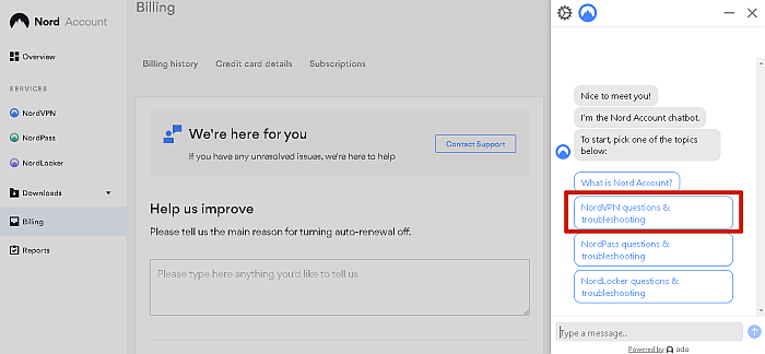 Opzione di risoluzione dei problemi del chatbot NordVPN