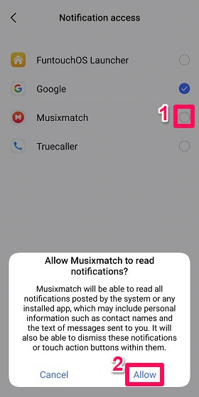 permiso de notificación a musixmatch