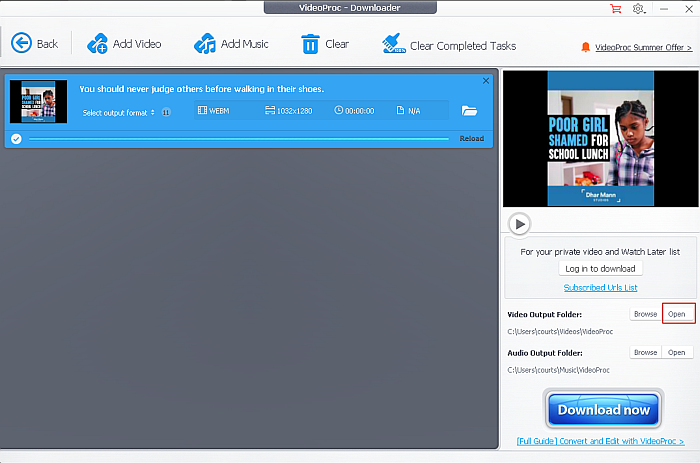 A VideoProc Downloader irányítópultja, amely a letöltött videofájlt mutatja