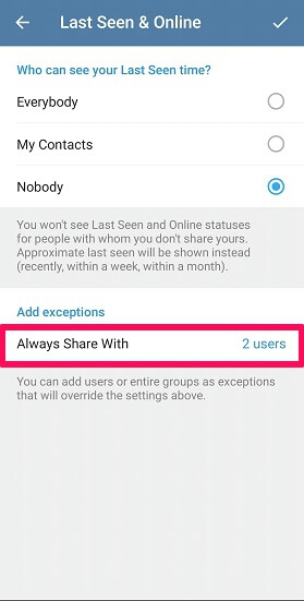 Editar excepciones en Telegram