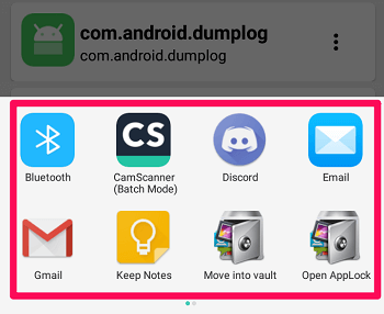 opções para compartilhar dados de aplicativos extraídos