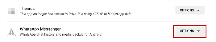 Lijst met apps met toegang in Google Drive met de optieknop voor WhatsApp Messenger gemarkeerd