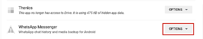A Google Drive-ban hozzáféréssel rendelkező alkalmazások listája a WhatsApp Messenger opció gombjával kiemelve
