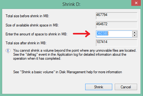 particionar el disco duro sin formatear en windows - tamaño del volumen