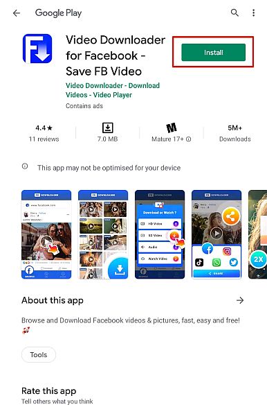 Video Downloader for Facebook alkalmazás részletes oldala a Play Áruházban a telepítés gomb kiemelésével