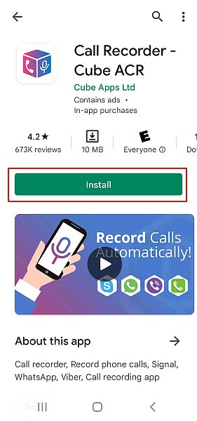 Call Recorder - Page de détails Cube ACR dans Google Play