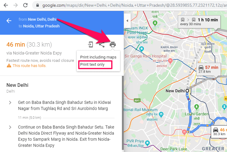 wydrukuj nawigację na mapach Google
