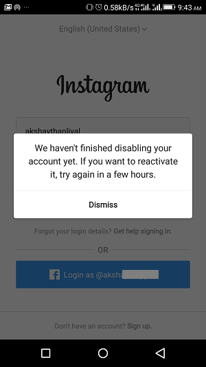 Instagramアカウントを一時的に無効にした後のログインの問題-数時間再試行してください