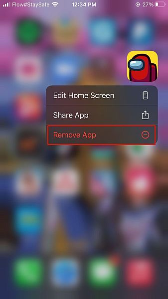 Mostrando a opção Remover aplicativo em um iPhone