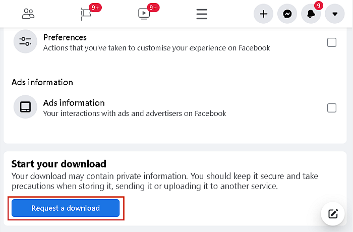 Fordern Sie einen Download-Button in der Download-Funktion für Facebook-Kontoinformationen an