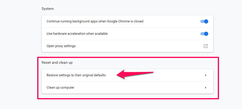 gendan originale indstillinger på chrome