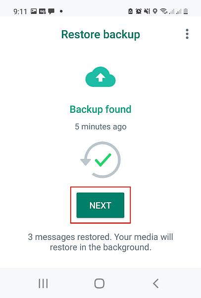 whatsappで完了したバックアップ復元プロセス