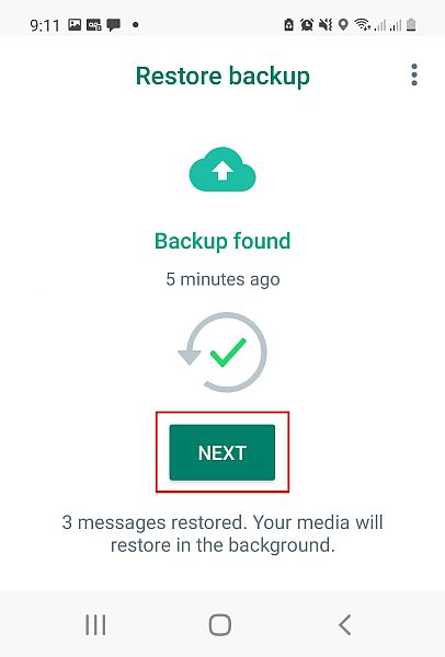 在whatsapp中完成備份恢復過程