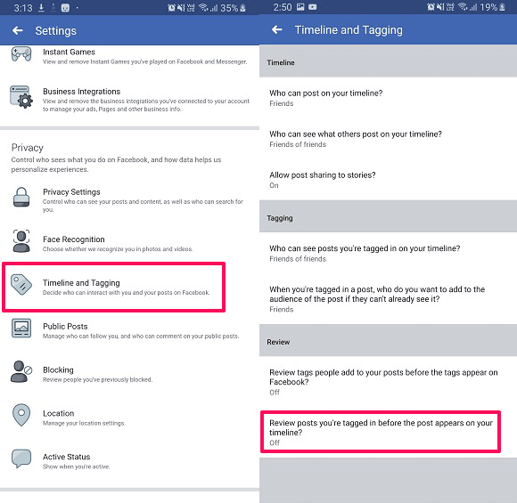 gjennomgå innlegg du er merket i før de vises på Facebook-tidslinjen din