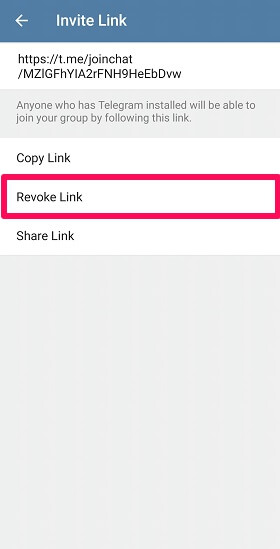 revocar enlace de grupo de telegram