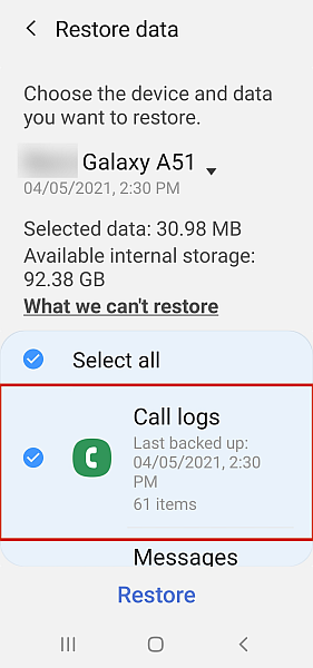 استعادة علامة تبويب البيانات في Samsung Cloud مع تمييز سجلات المكالمات
