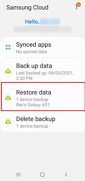 Samsung Cloud-grænseflade med mulighed for gendannelse af data fremhævet