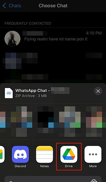 مشاركة تصدير دردشة whatsapp من خلال google drive في iOS