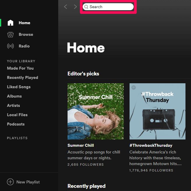 Opção de pesquisa do Spotify