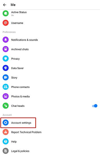 Facebook-Messenger-Profilmenü und die Option Kontoeinstellungen