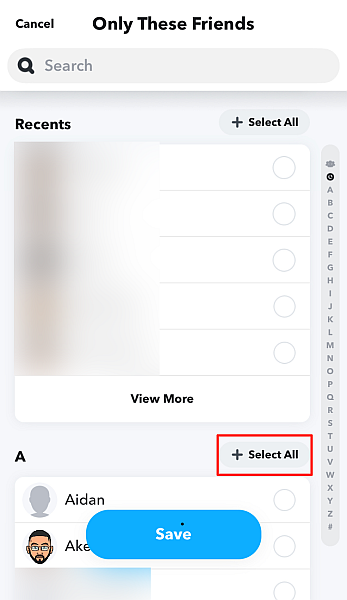 Endast dessa vänner-fliken i Snapchat-kartinställningar med knappen Välj alla markerad
