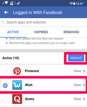 Удалить аккаунт Wish из Facebook