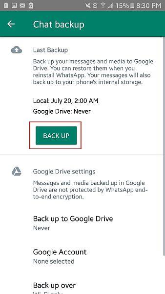 在whatsapp中備份聊天