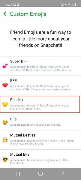 Scheda delle impostazioni emoji personalizzate di Snapchat