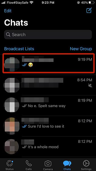 Selecting an individual or group chat in WhatsApp interface to mute