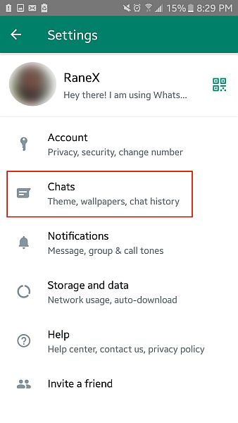 突出顯示聊天選項的 Whatsapp 設置
