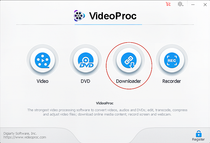 VideoProc kezdőlap a letöltő gomb kiemelésével