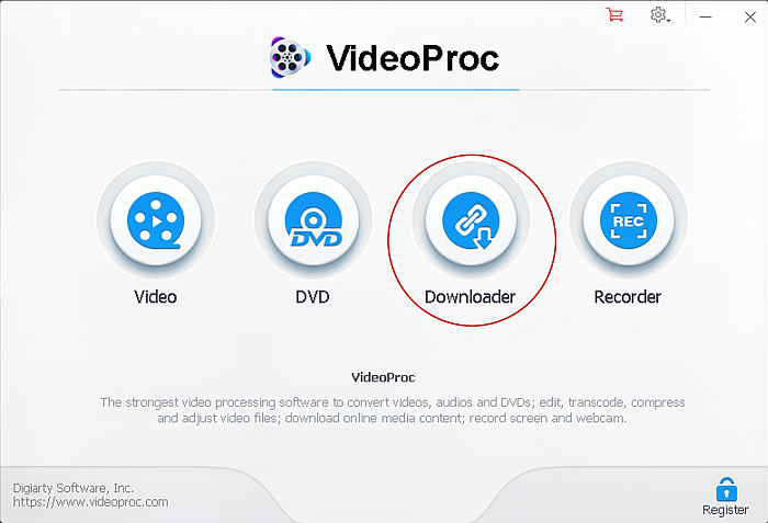 突出顯示下載器按鈕的 VideoProc 主頁