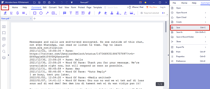 Gemmer whatsapp txt-fil til pdf via pdfelement