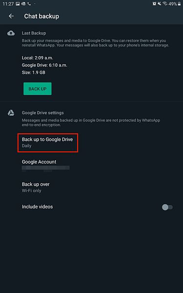 A csevegés biztonsági mentési beállításai az androidos WhatsApp alkalmazáshoz, kiemelve a Biztonsági mentés a Google Drive-ra opciót