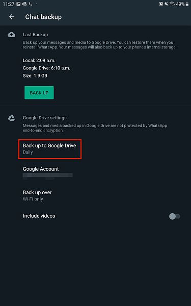 Chatback-upinstellingen voor WhatsApp voor Android met de optie Back-up naar Google Drive gemarkeerd