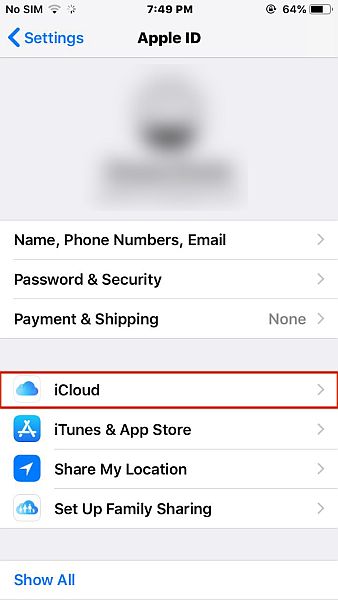 Apple ID-instellingen met de icloud-optie gemarkeerd